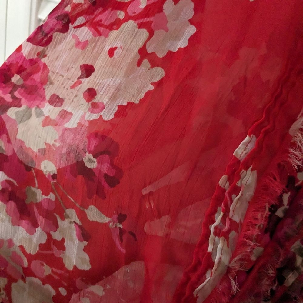 Express Womens sz M Boho Fuschia/Red/Pink Floral Sheer Top w/Ruffles Blouson - Picture 5 of 13